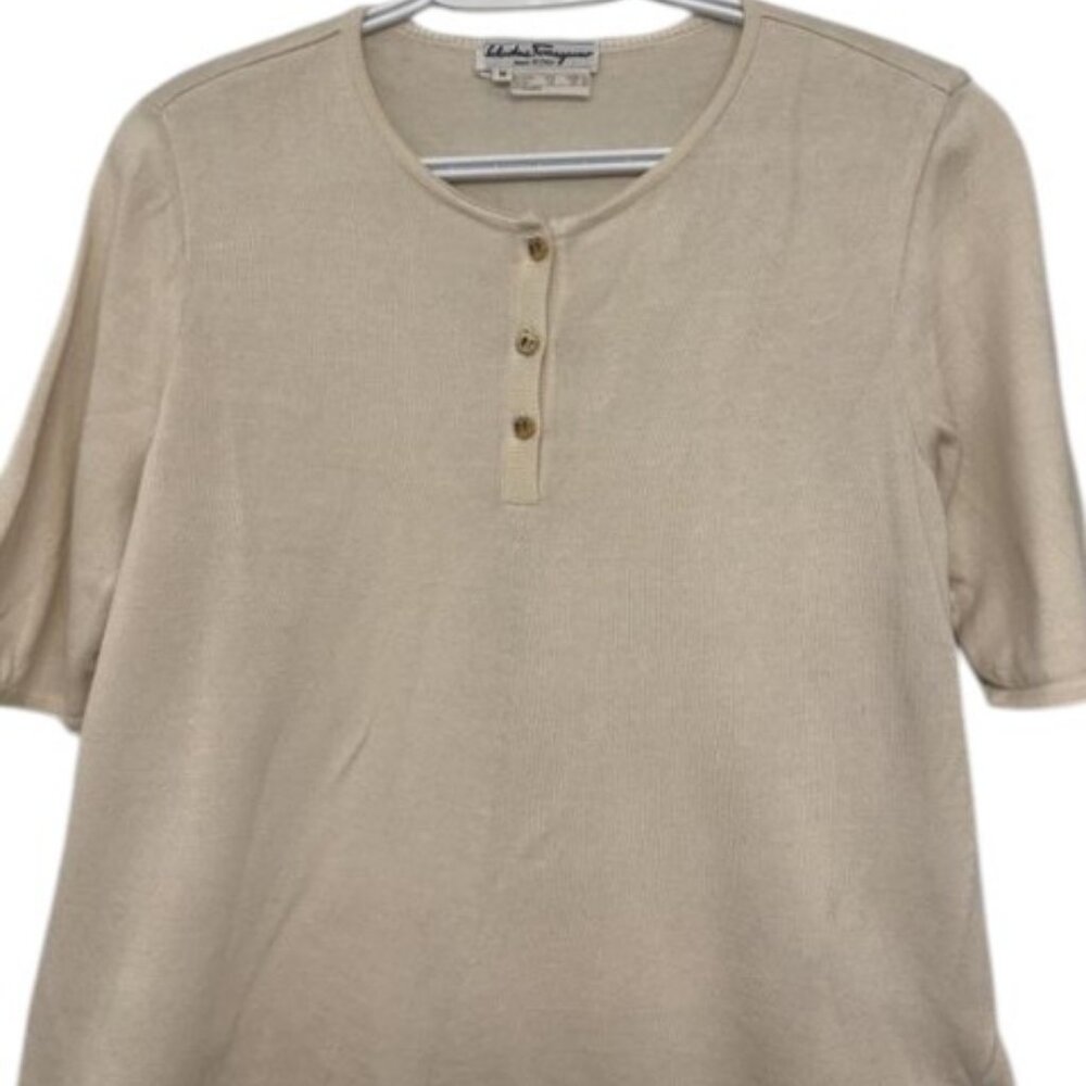 Salvatore Ferragamo cream short sleeve quarter placket top size M